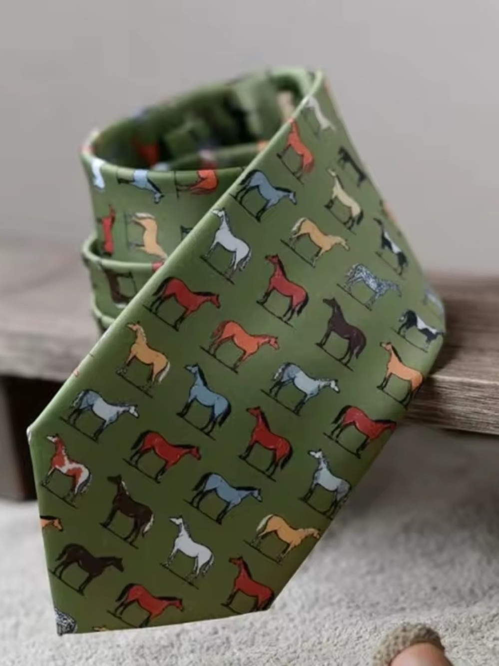Horse Print Silk Tie in Olive Green - Picture 3 of 4